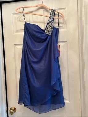 JS Collections Royal Blue One-Shoulder Embellished Cocktail Dress